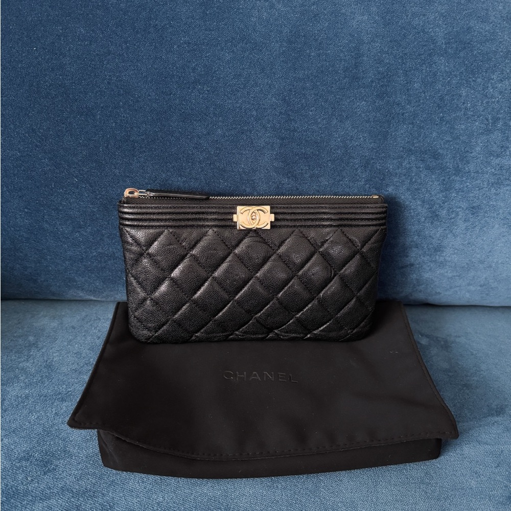 CHANEL Caviar Quilted Small Boy Pouch Case Black